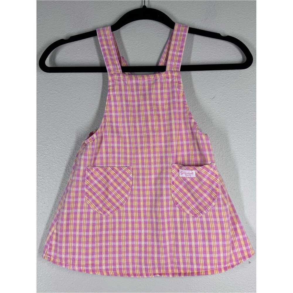 Vintage Baby Guess Kids Overall Dress Plaid Pink Yellow 12Mos